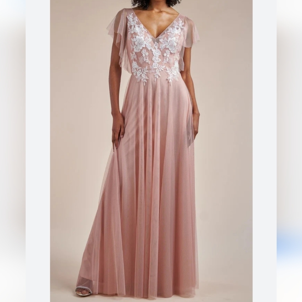 JJs House Blush Pink Tulle A-Line Wedding Dress with White Lace Appliqué